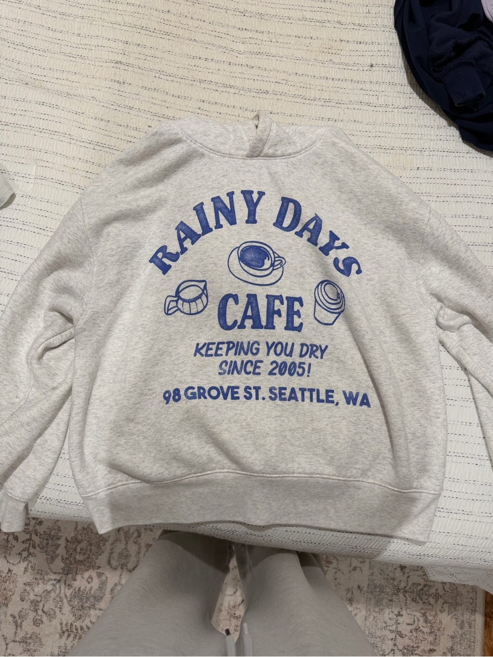 aerie Light Gray Sweatshirt with Blue 'Rainy Day's Cafe' Graphic *sold out*